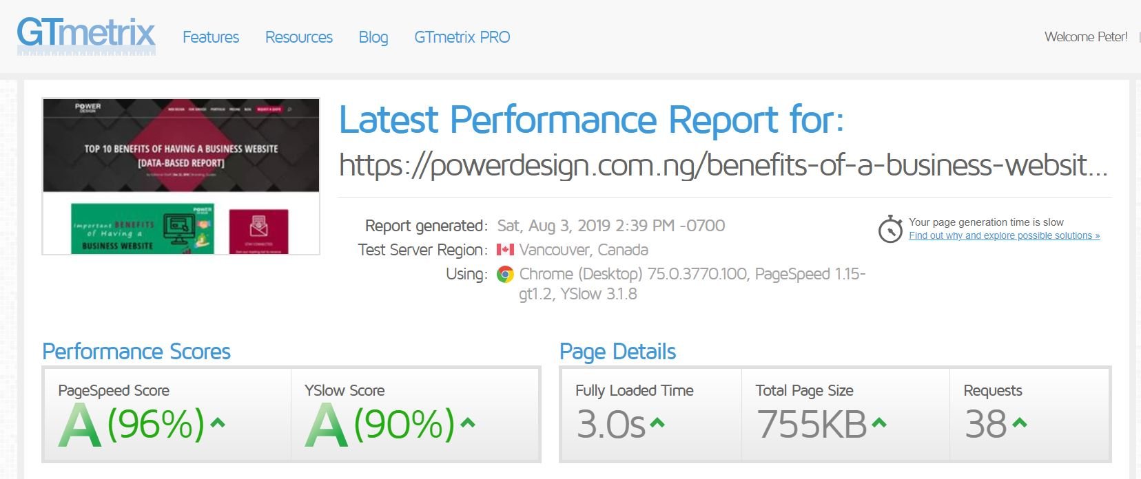 Powerdesign Gtmetrix result